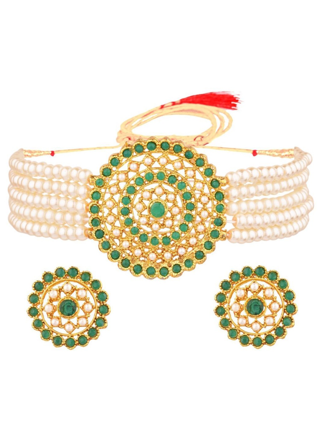 

Efulgenz Gold-Plated Green & White Crystal Stone Studded Jewellery Set