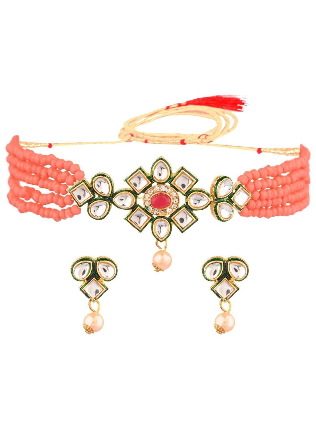 

Efulgenz Gold-Plated Peach Kundan-Studded & Beaded Jewellery Set