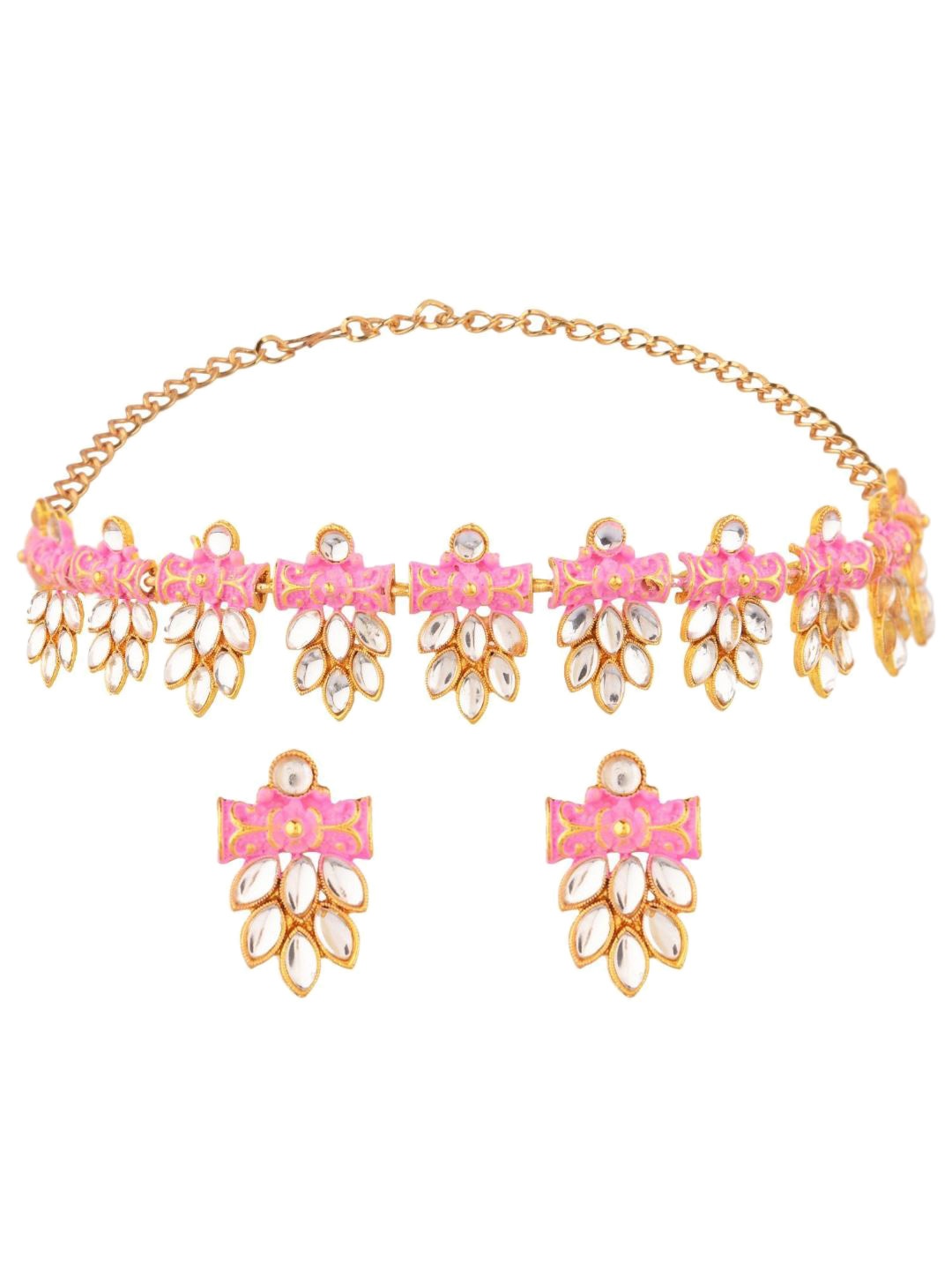 

Efulgenz Gold-Plated & Pink Kundan-Studded & Beaded Choker Jewellery Set