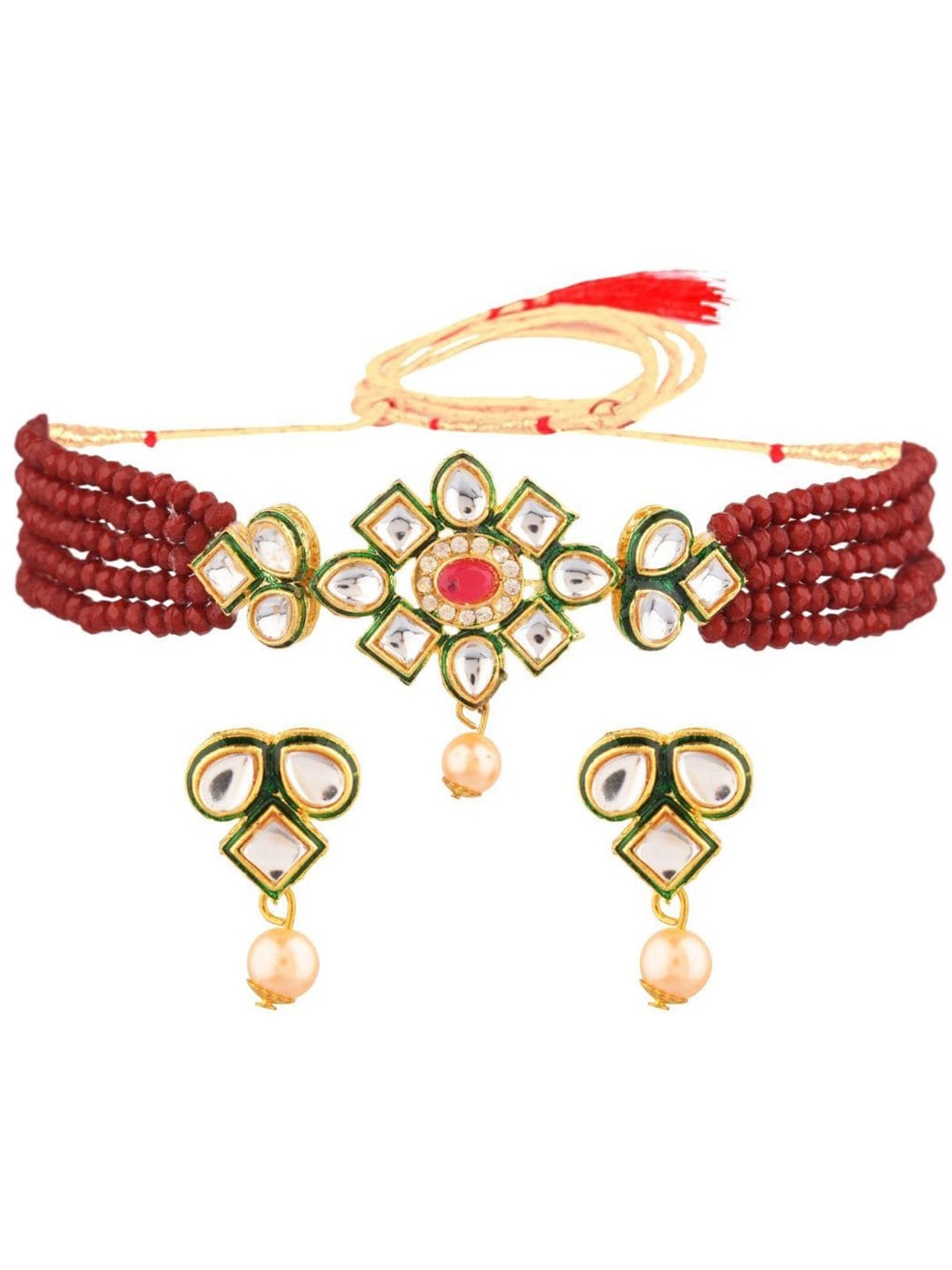

Efulgenz Gold Plated White & Red Kundan-Studded & Beaded Choker Jewellery Set, Maroon