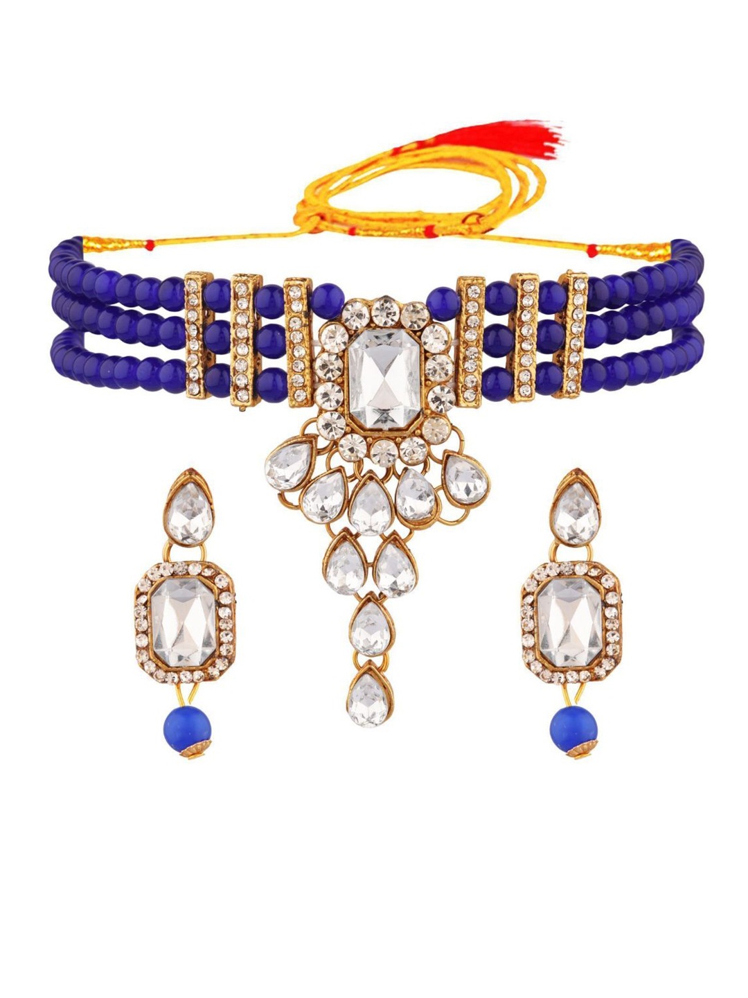 

Efulgenz Gold-Plated Blue Kundan Studded & Beaded Jewellery Set