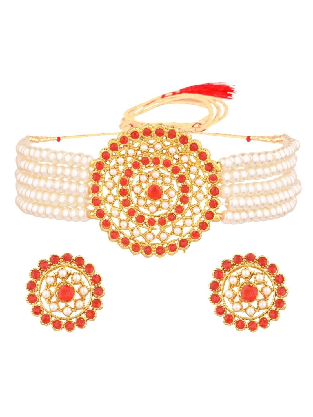 

Efulgenz Gold-Plated Gold-Toned Red Studded Jewellery Set