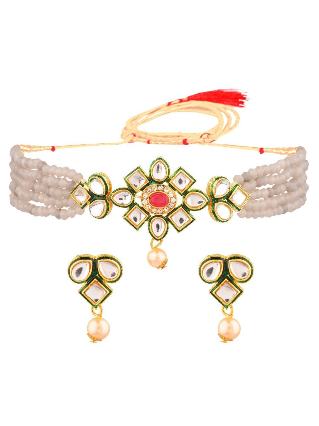 

Efulgenz Gold-Plated White & Red Kundan-Studded & Beaded Classic Antique Designer Style Choker Jewellery Set