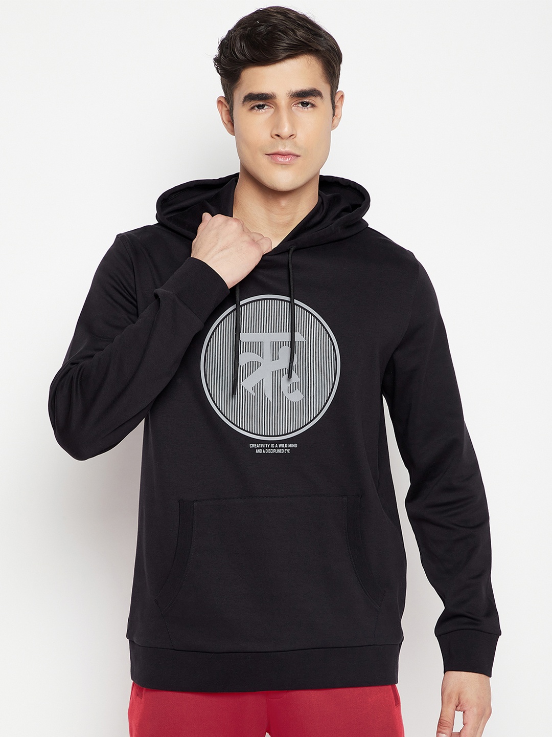 

EDRIO Men Black Printed Hooded Sweatshirt