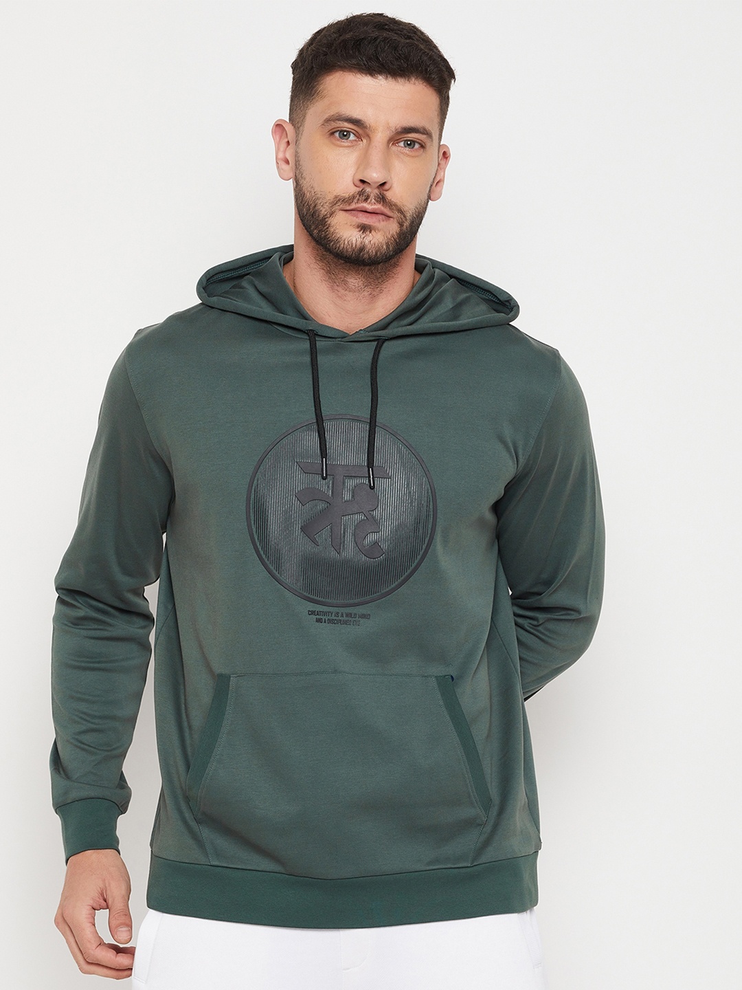 

EDRIO Men Green Printed Hooded Sweatshirt