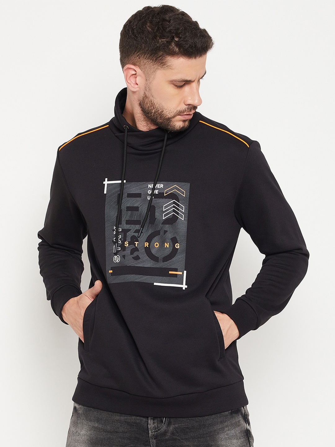 

EDRIO Men Black Printed Hooded Sweatshirt