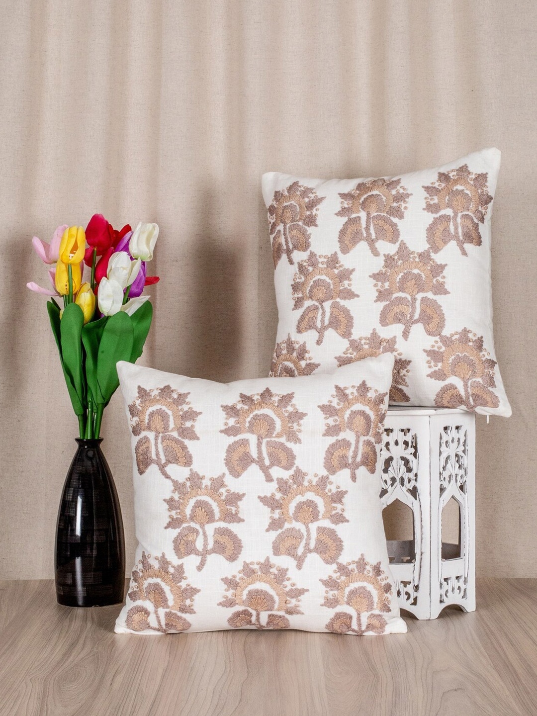 

SHADES of LIFE Set of 2 White & Brown Embroidered Cotton Square Cushion Covers