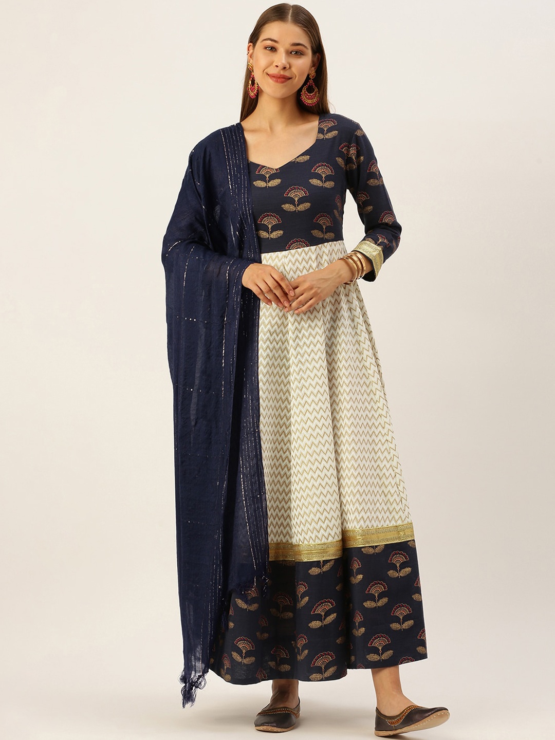 

HERE&NOW Women Blue & Cream-Coloured Ethnic Motifs Printed Anarkali Kurta With Dupatta, Navy blue