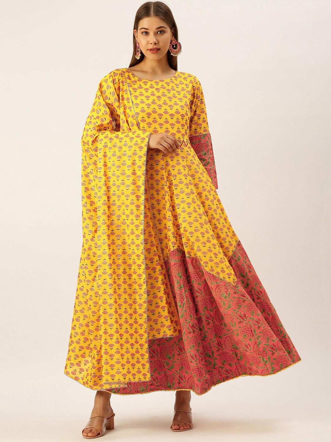 

HERE&NOW Women Mustard Yellow & Orange Floral Printed Anarkali Kurta With Dupatta