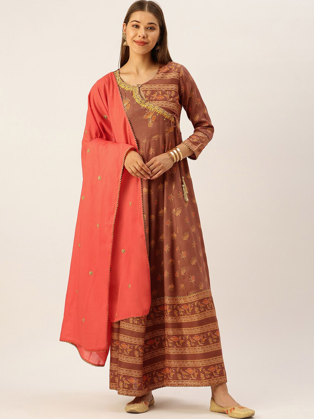 

HERE&NOW Women Embroidered Regular Sleeves Kurta with Dupatta, Brown