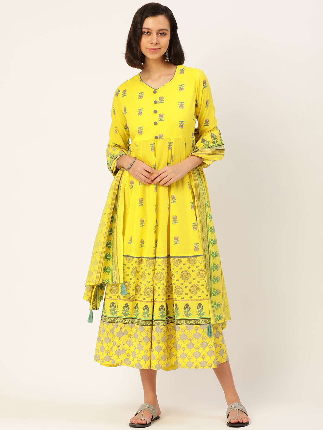 

HERE&NOW Women Yellow Ethnic Motifs Printed Anarkali Kurta With Dupatta