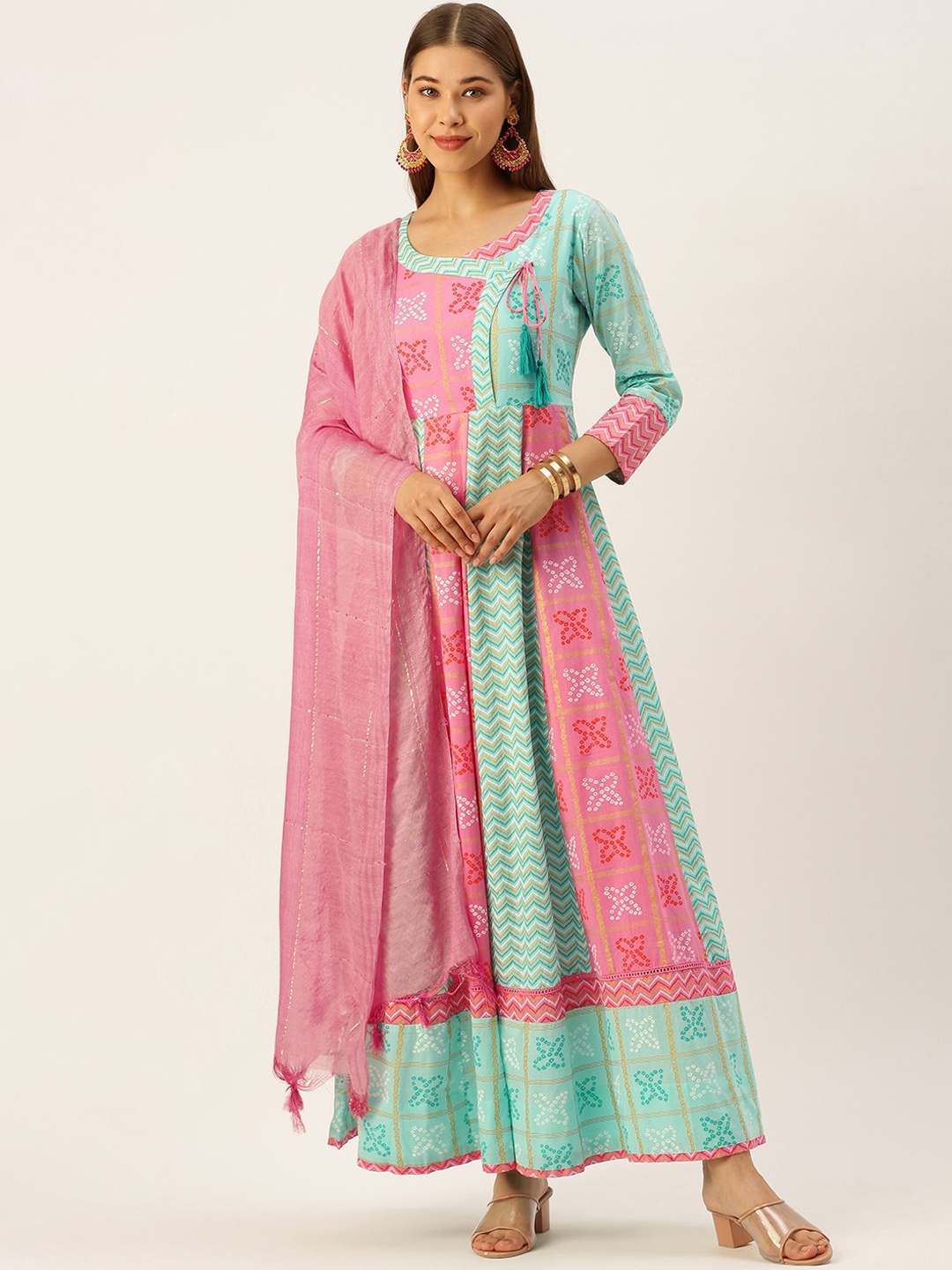 

HERE&NOW Women Pink Ethnic Printed regular Sleeves Anarkali Kurta With Dupatta