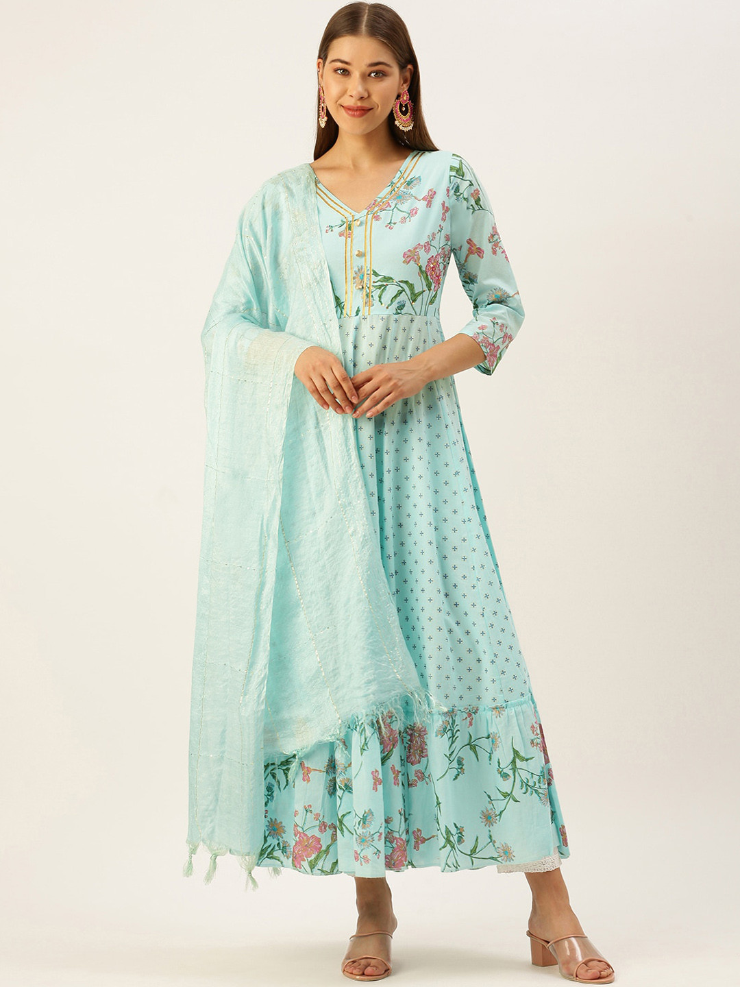 

HERE&NOW Women Blue Floral Printed Anarkali Kurta With Dupatta