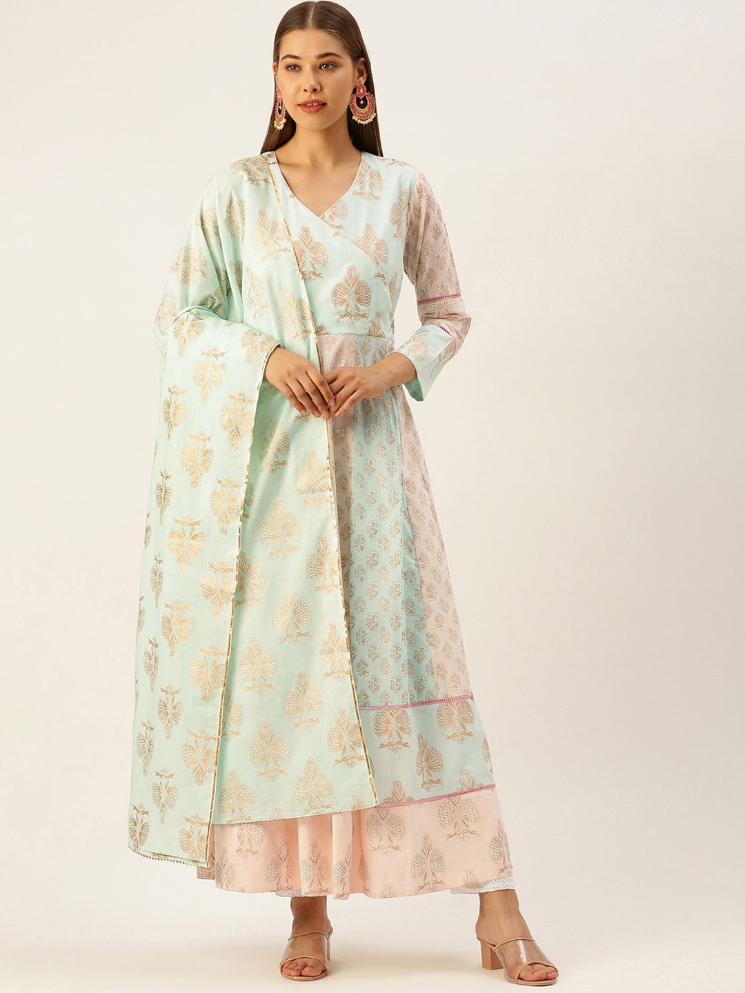 

HERE&NOW Women Sea Green & Gold-Toned Ethnic Motifs Printed Kurta With Dupatta