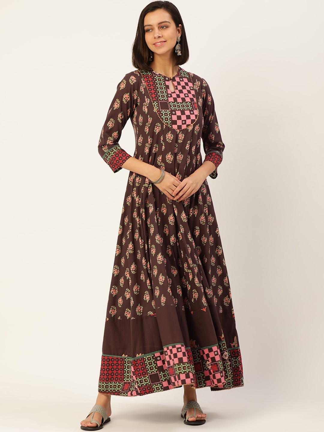 

HERE&NOW Women Brown & Pink Floral Printed Keyhole Neck A-Line Kurta