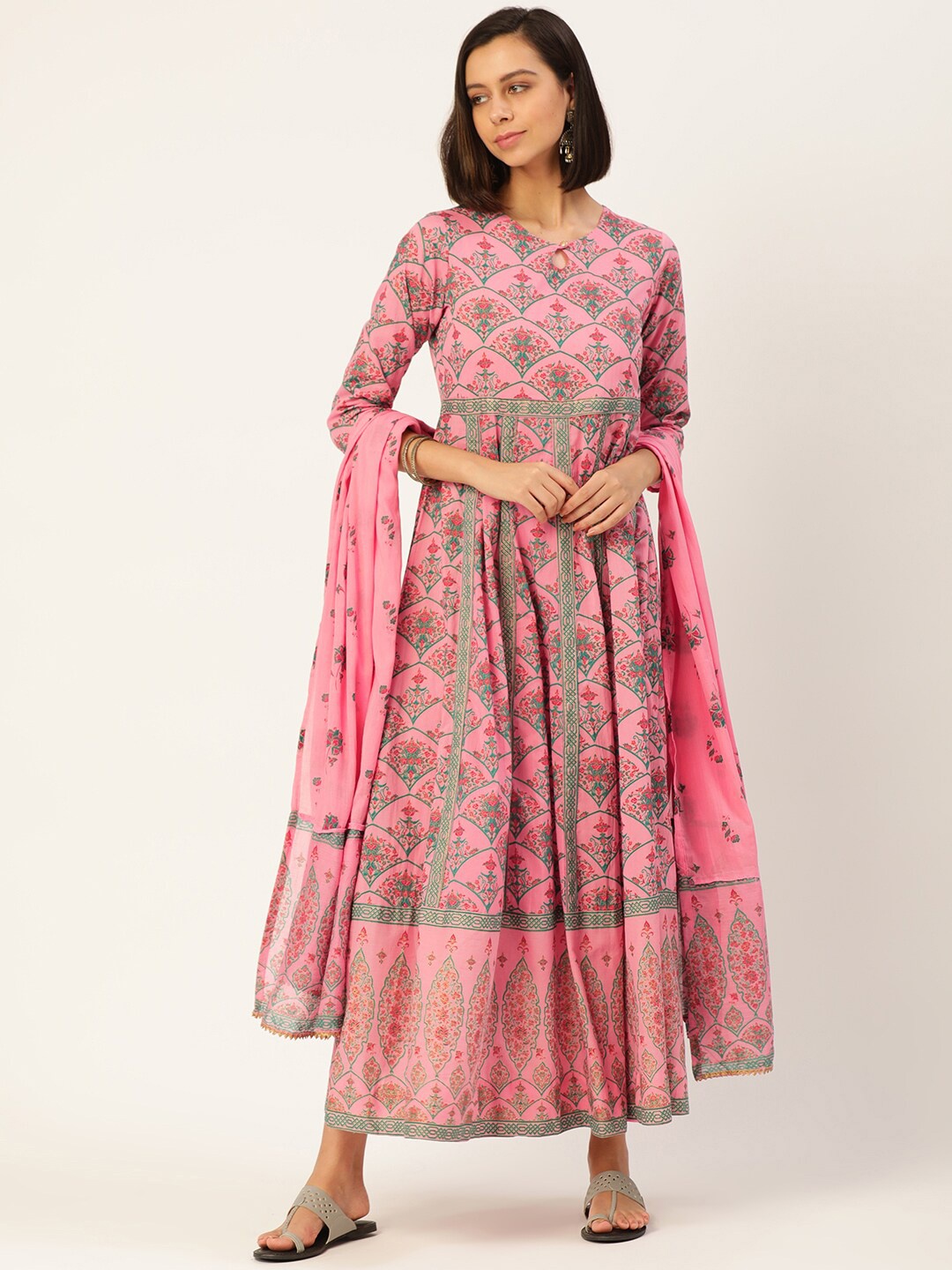 

HERE&NOW Women Pink Ethnic Motifs Printed Anarkali Kurta With Dupatta