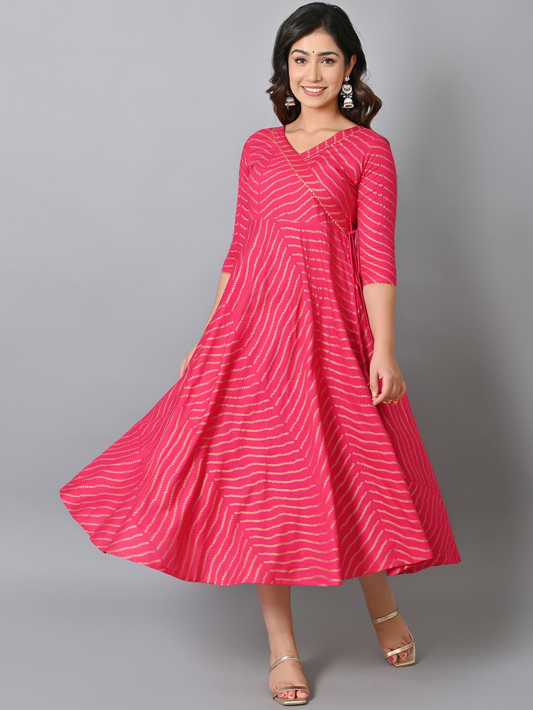 

VASTRAMANIAA Women Pink Striped Thread Work Indie Prints Anarkali Kurta
