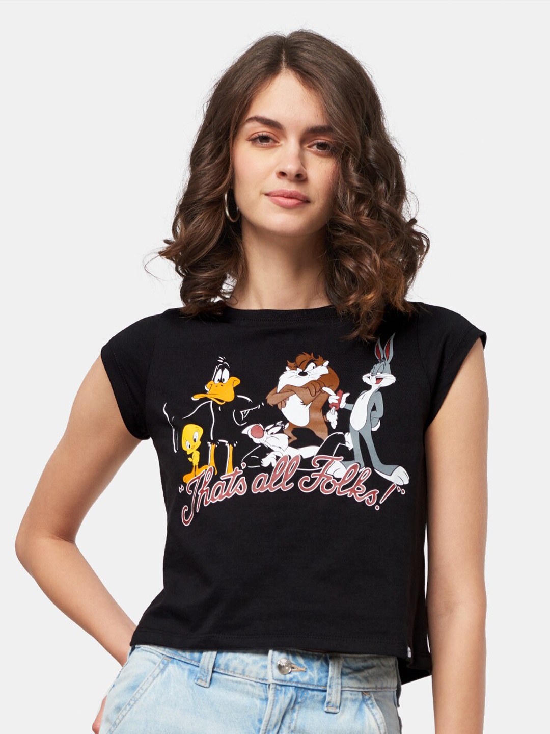 

The Souled Store Women Black Looney Tunes Printed Extended Sleeves Pure Cotton T-shirt
