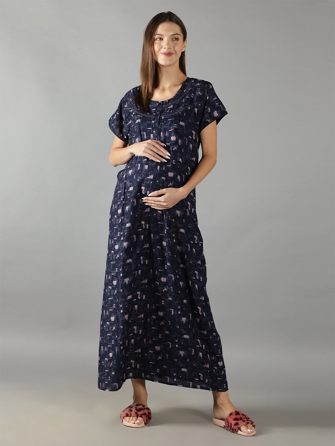 

NIGHTSPREE Maternity Women Blue Printed Maxi Nightdress
