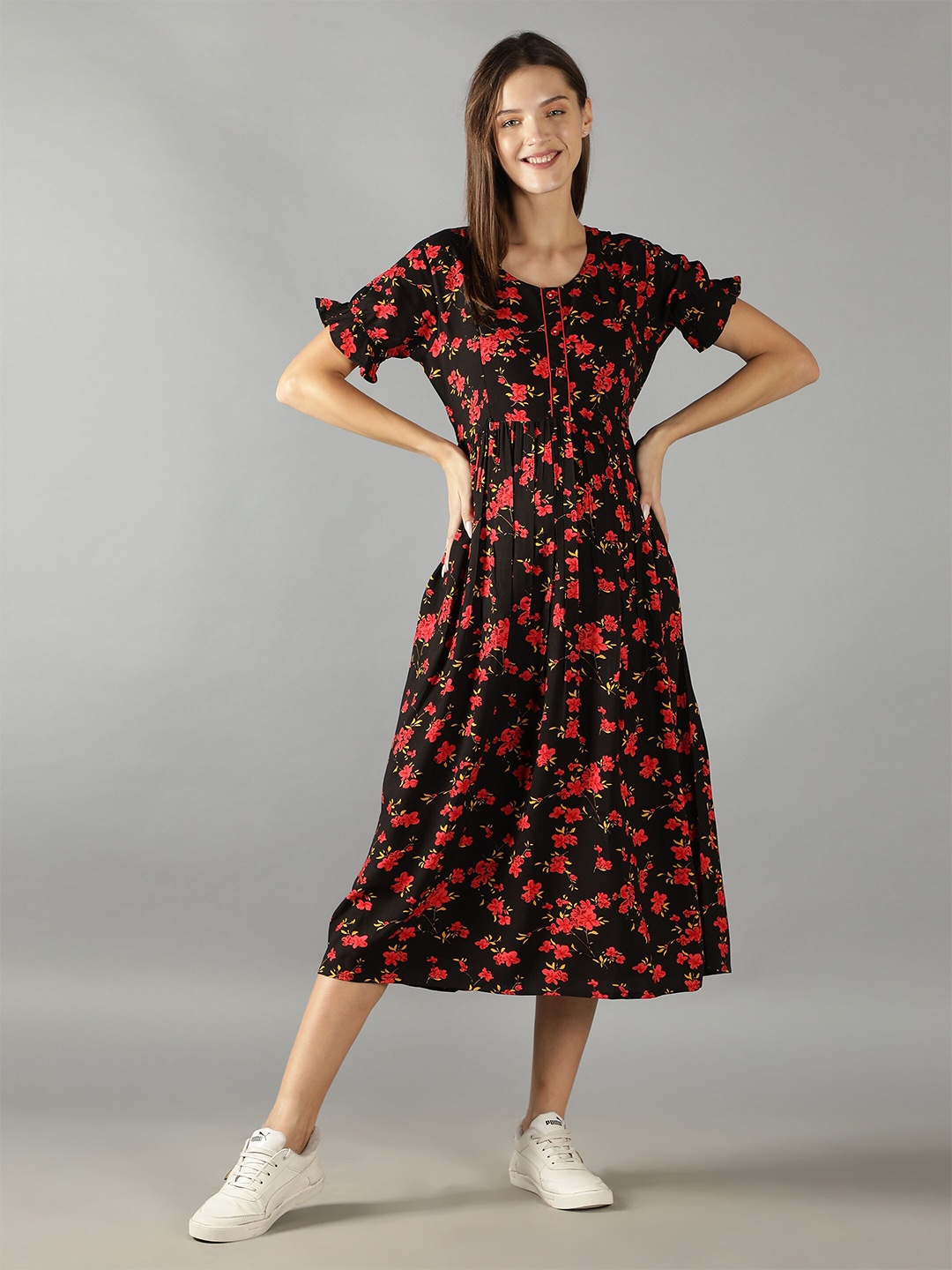 

NIGHTSPREE Women Black & Red Floral Maternity A-Line Cotton Midi Dress