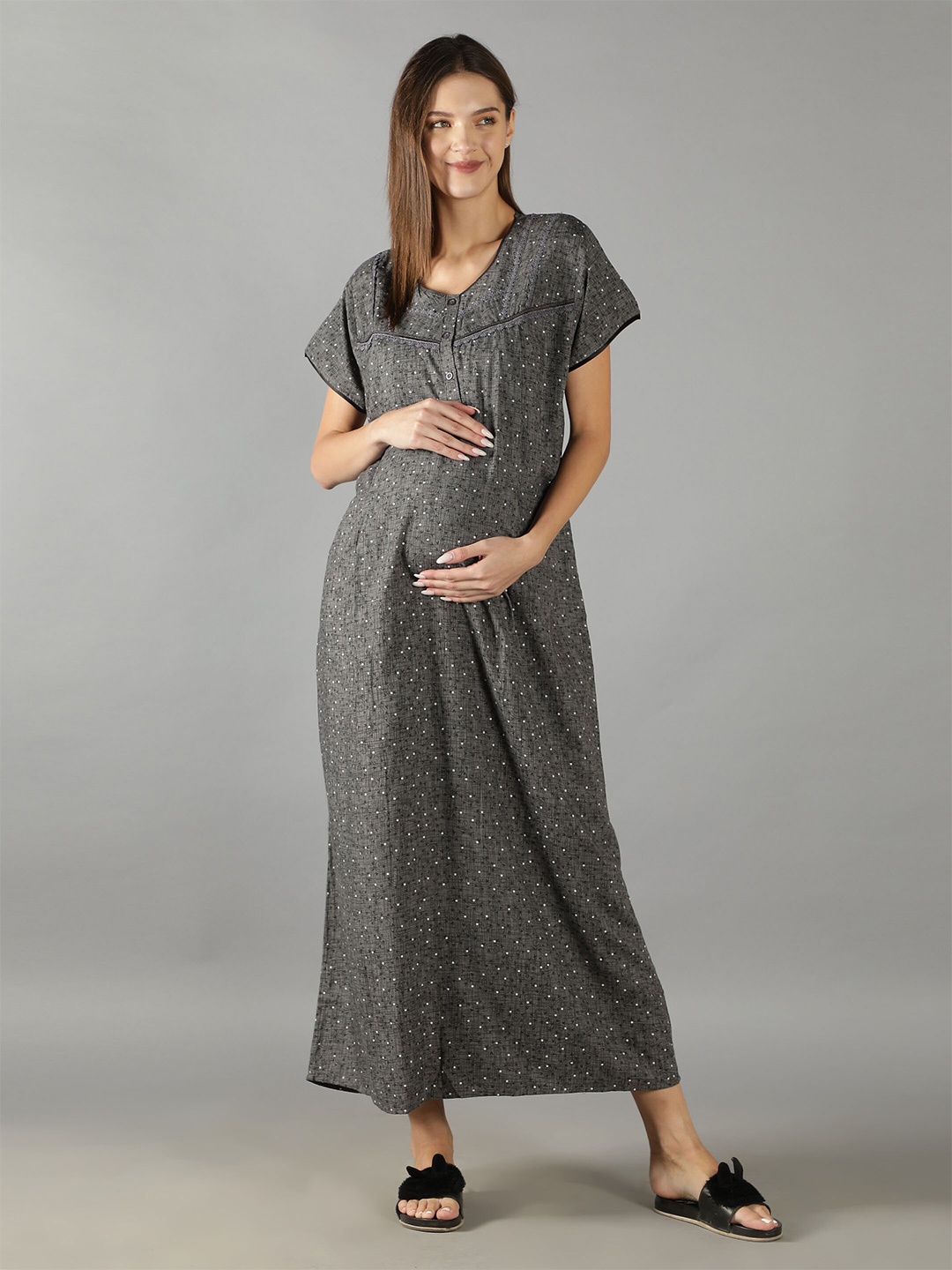 

NIGHTSPREE Grey Maternity Printed Round Neck Maxi Nightdress