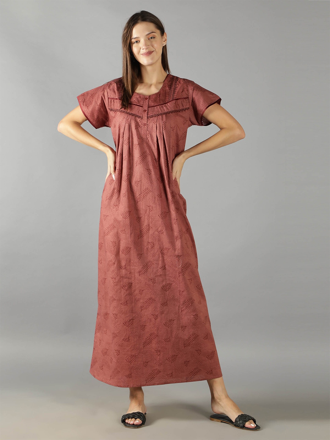 

NIGHTSPREE Peach-Coloured Printed Maxi Nightdress