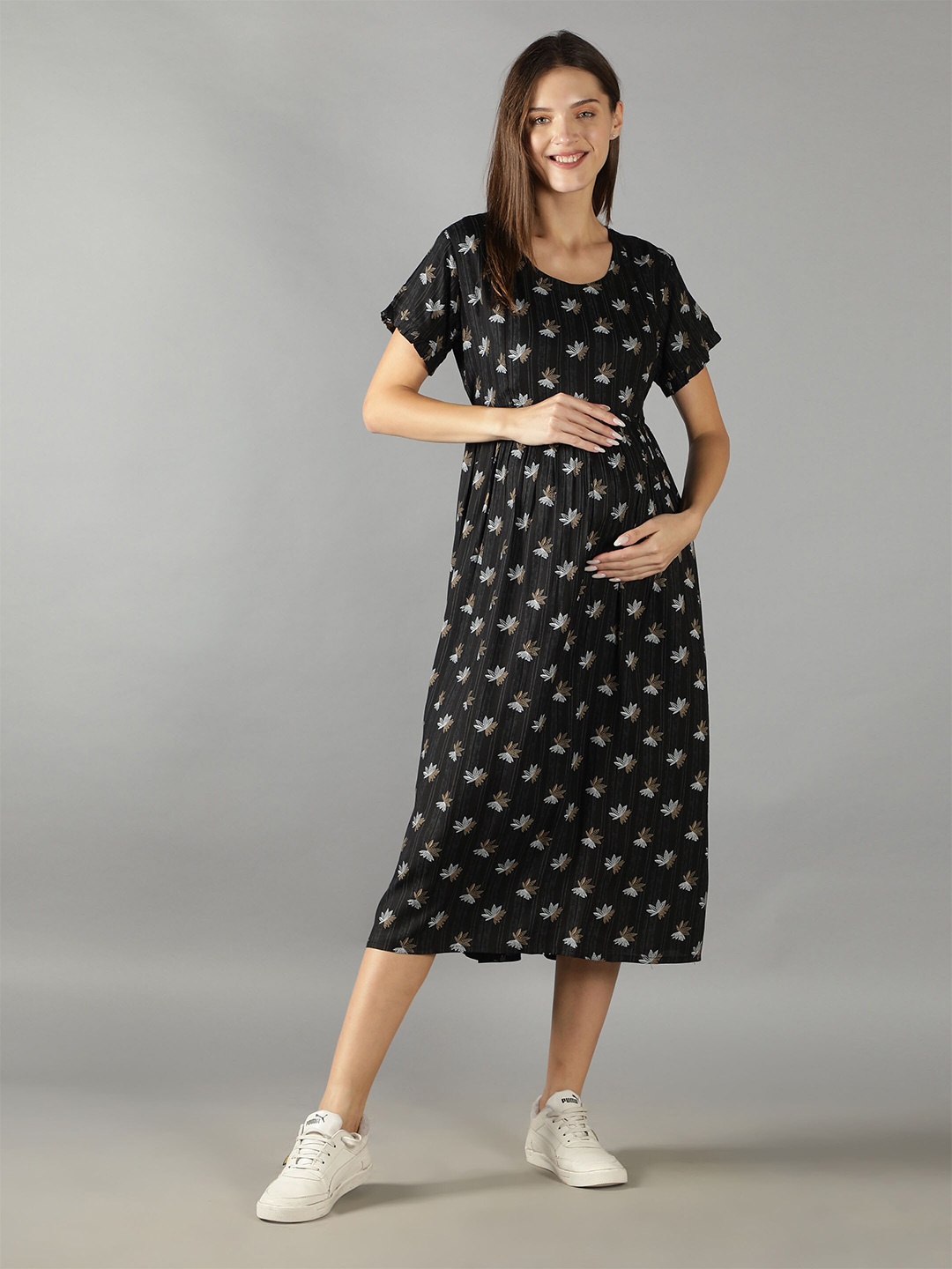 

NIGHTSPREE Women Black Printed Maternity Fit and Flare Midi Dress