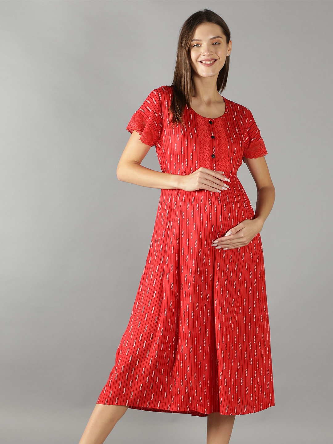 

NIGHTSPREE Women Red & White Maternity A-Line Midi Dress