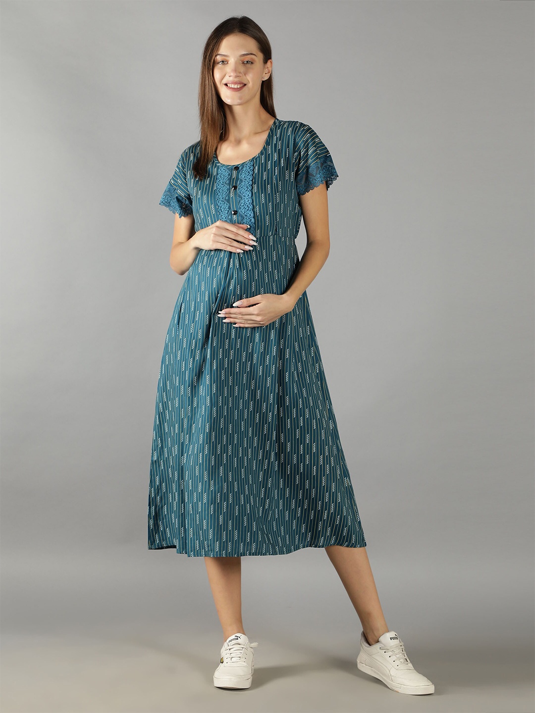 

NIGHTSPREE Women Blue Ethnic Motifs Maternity A-Line Midi Dress