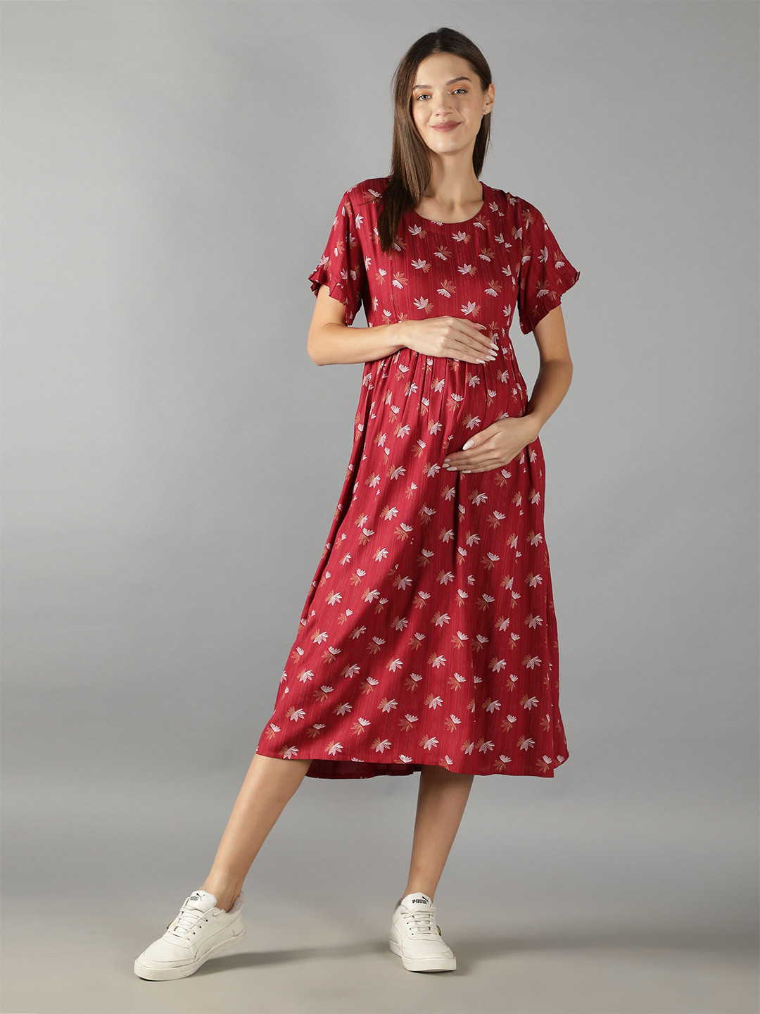 

NIGHTSPREE Red Floral Maternity A-Line Cotton Midi Dress