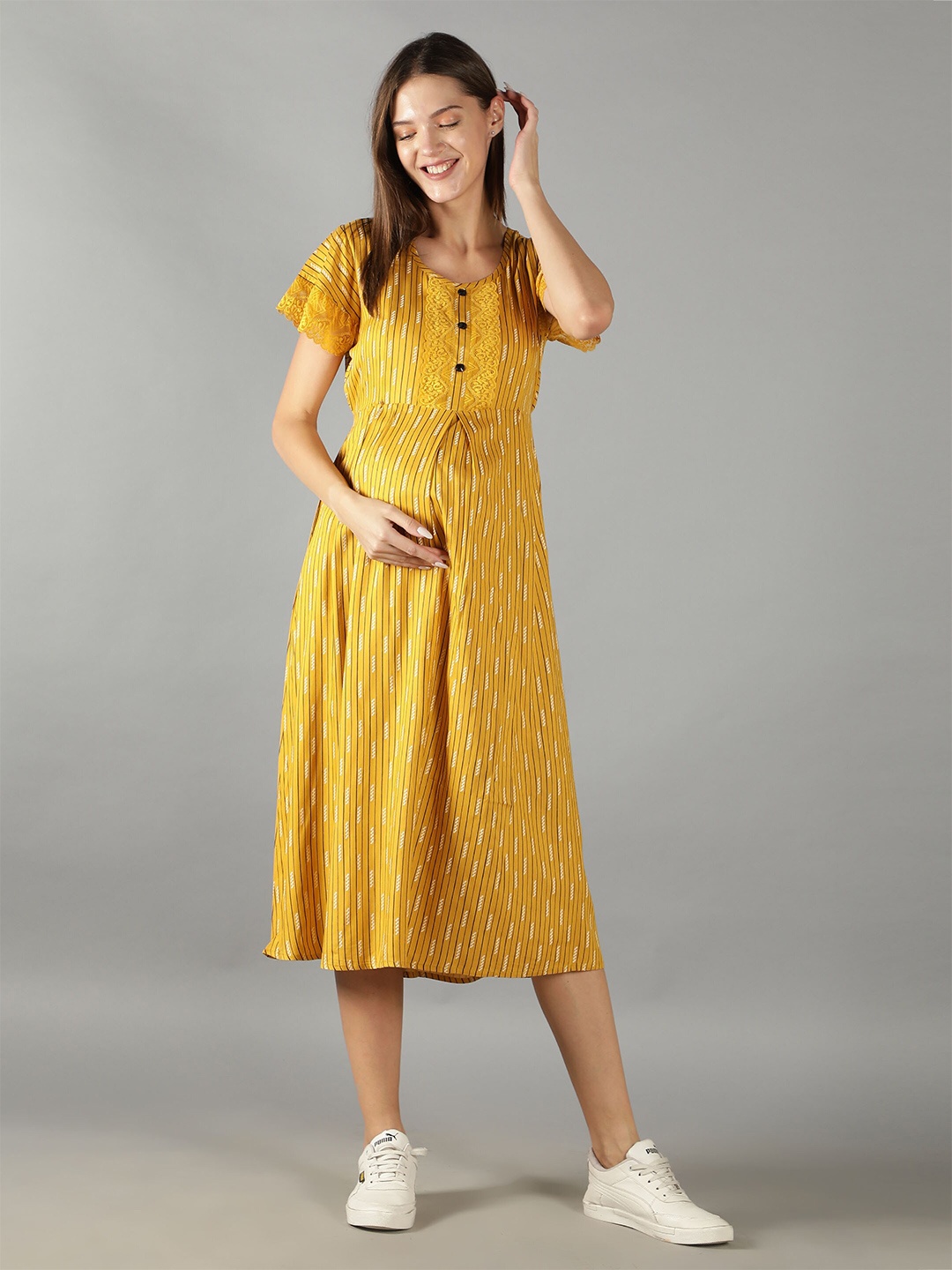 

NIGHTSPREE Yellow Maternity A-Line Striped Midi Dress
