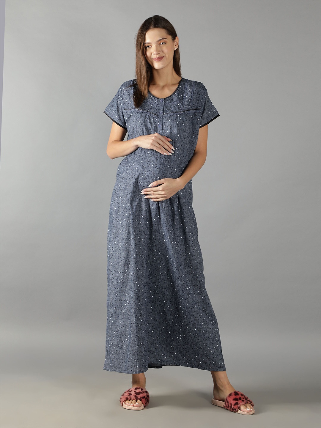 

NIGHTSPREE Women Blue Floral Printed Pure Cotton Maternity Maxi Nightdress