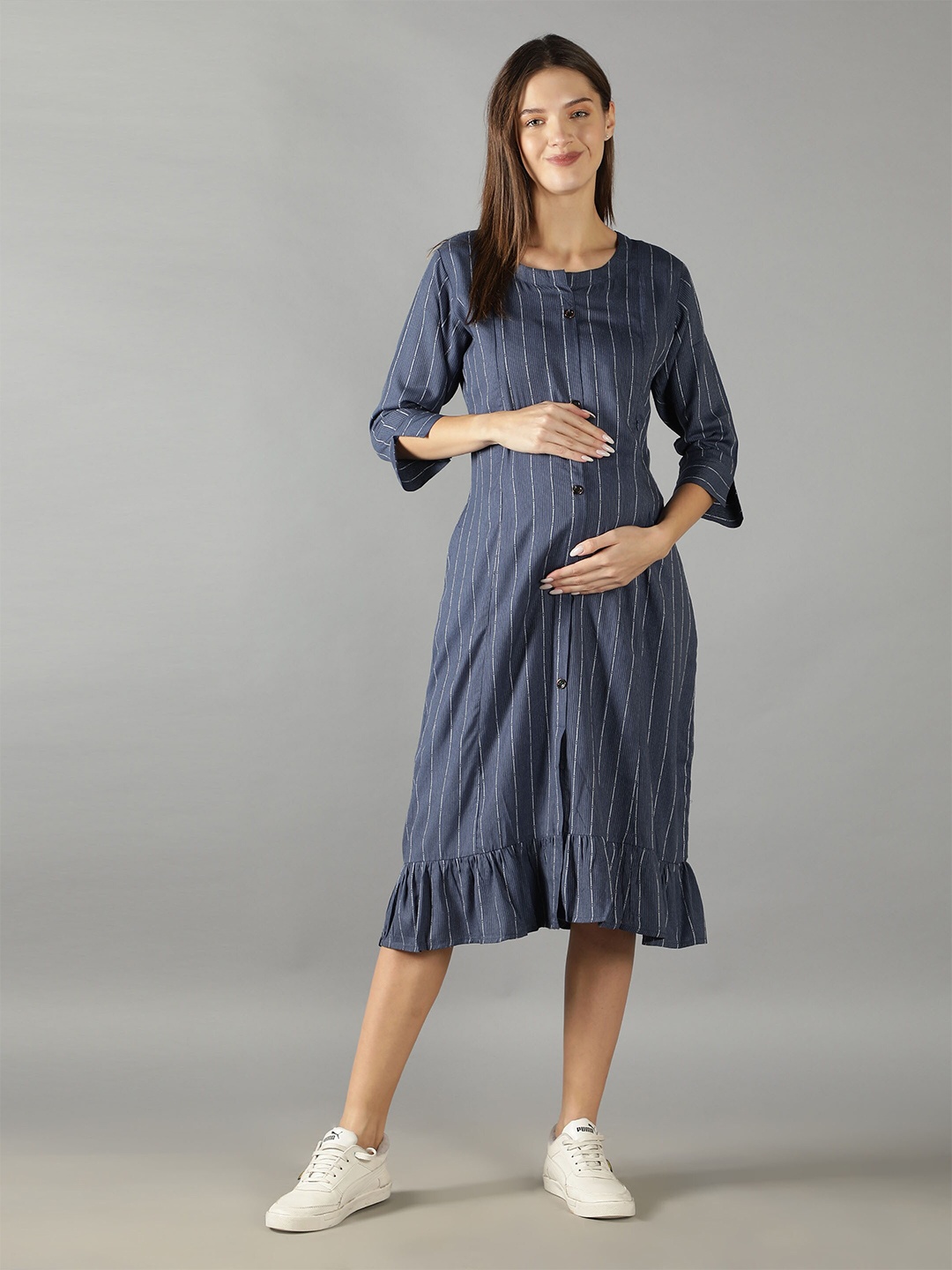 

NIGHTSPREE Women Blue Striped Maternity A-Line Midi Dress