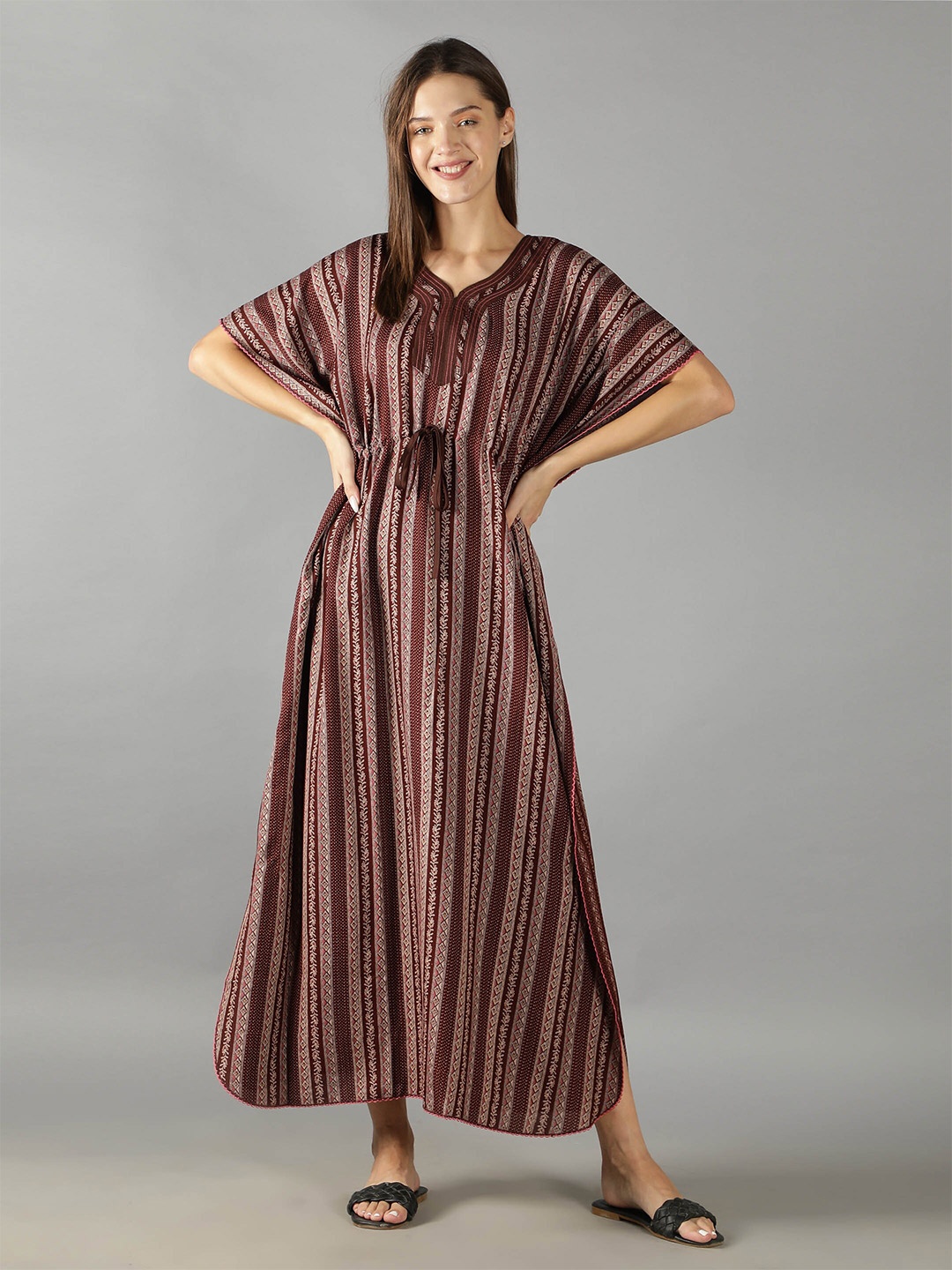 

NIGHTSPREE Brown Striped Kaftan Maxi Nightdress