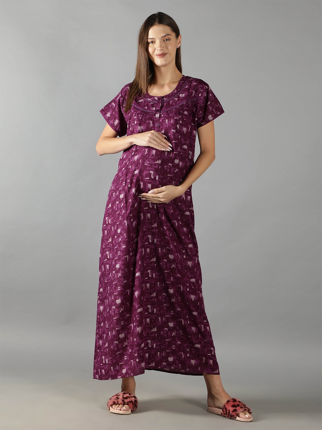

NIGHTSPREE Women Purple Printed Cotton Maxi Nightdress