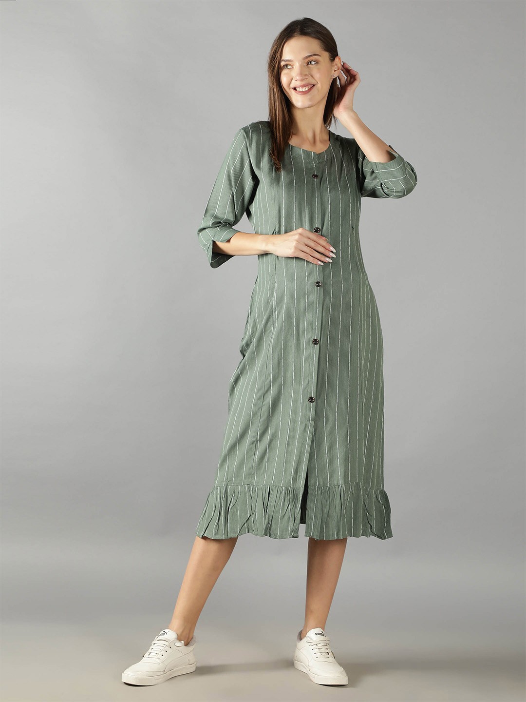 

NIGHTSPREE Green & White Striped Maternity A-Line Midi Dress