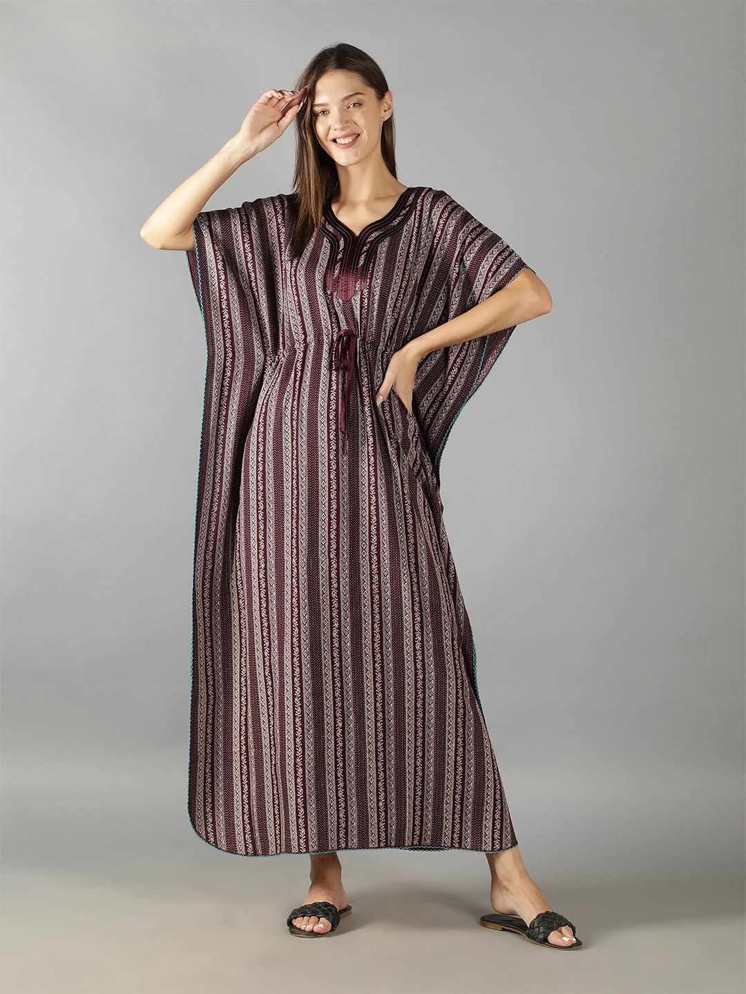 

NIGHTSPREE Women Maroon Striped Kaftan Maxi Nightdress