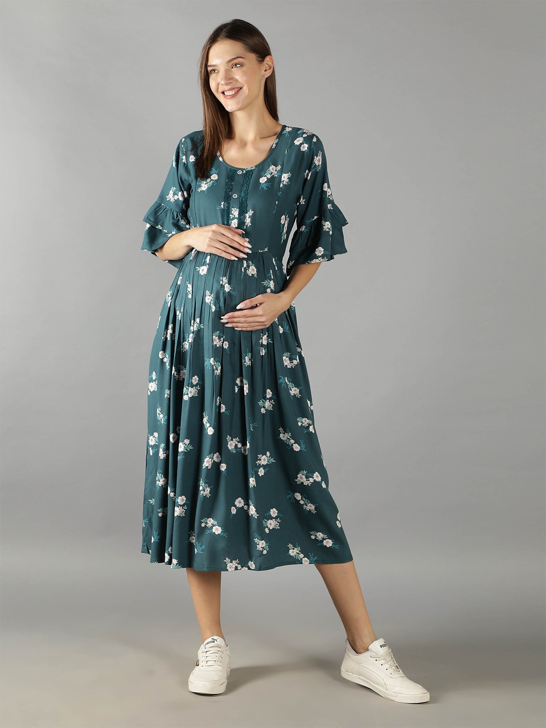 

NIGHTSPREE Turquoise Blue Floral Maternity Midi Dress