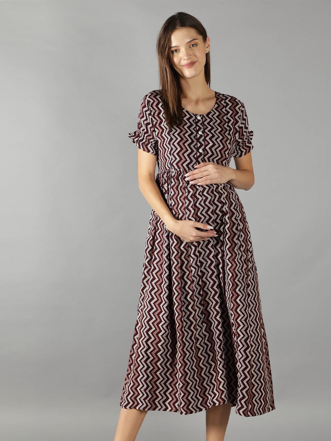 

NIGHTSPREE Maroon Maternity Fit & Flare Empire Midi Feeding Dress