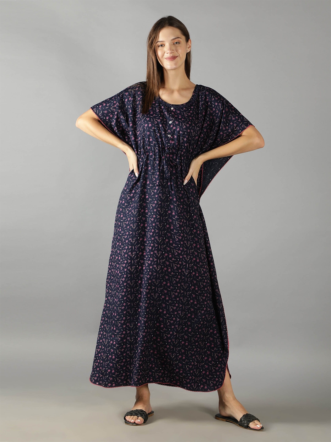 

NIGHTSPREE Navy Blue And Pink Floral Printed Kaftan Maxi Nightdress