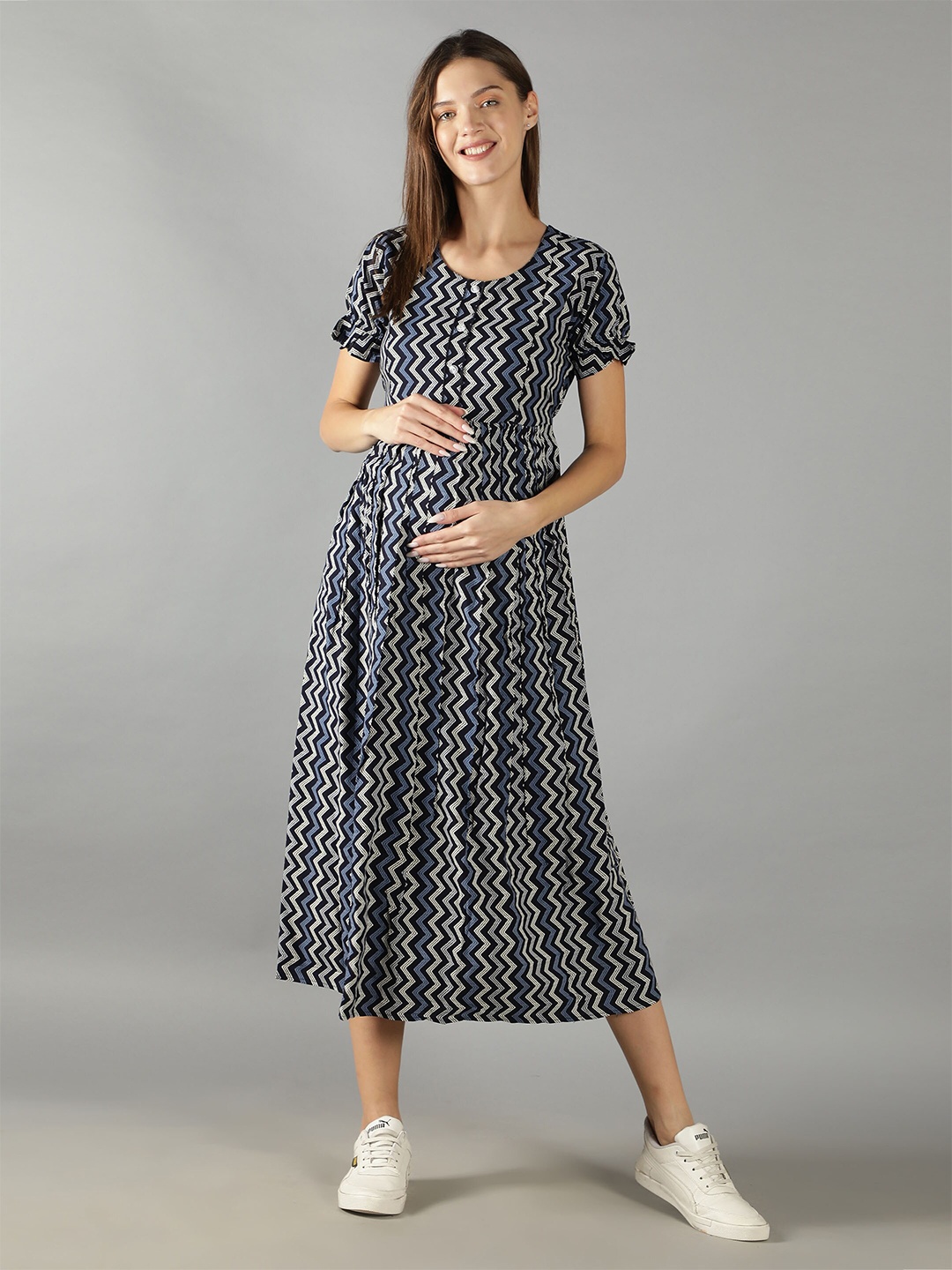 

NIGHTSPREE Women Navy Blue & Grey Maternity A-Line Midi Dress