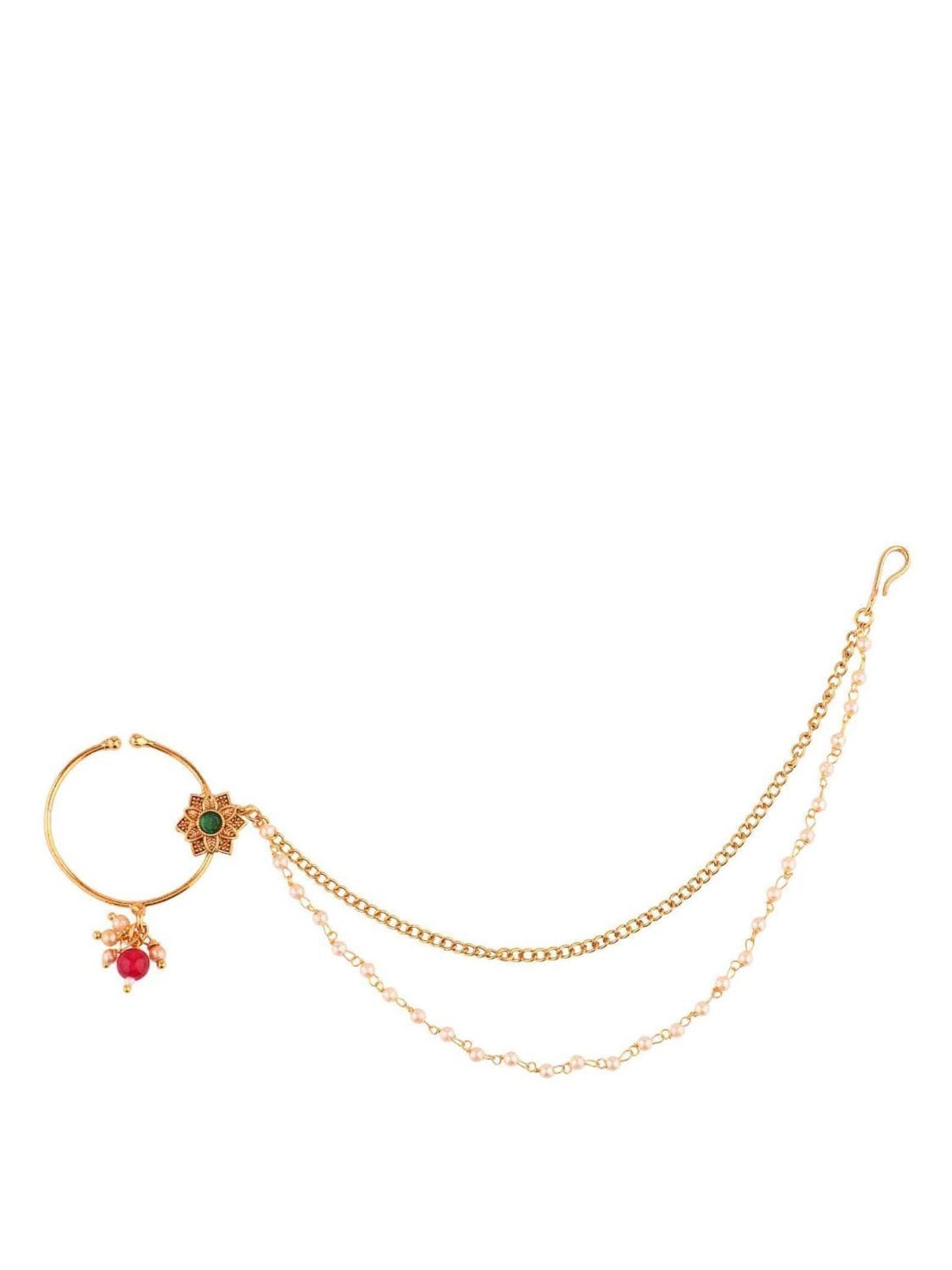 

Efulgenz Gold-Plated Green & Red Kundan-Studded & Beaded Nosepin