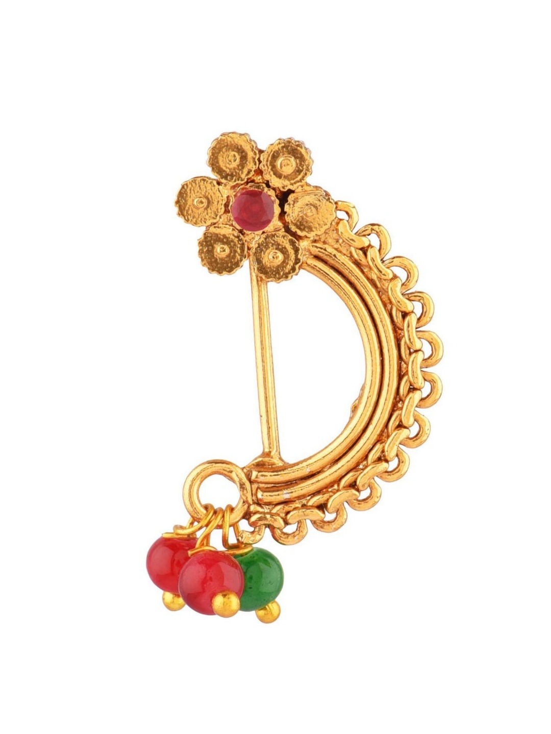 

Efulgenz Gold-Plated Red & Green Kundan-Studded Clip-On Nosepin