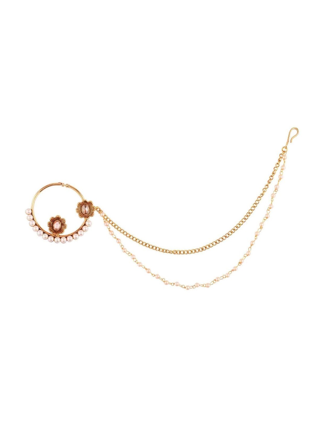 

Efulgenz Gold-Plated & Toned White Kundan Studded Chained Nosepin