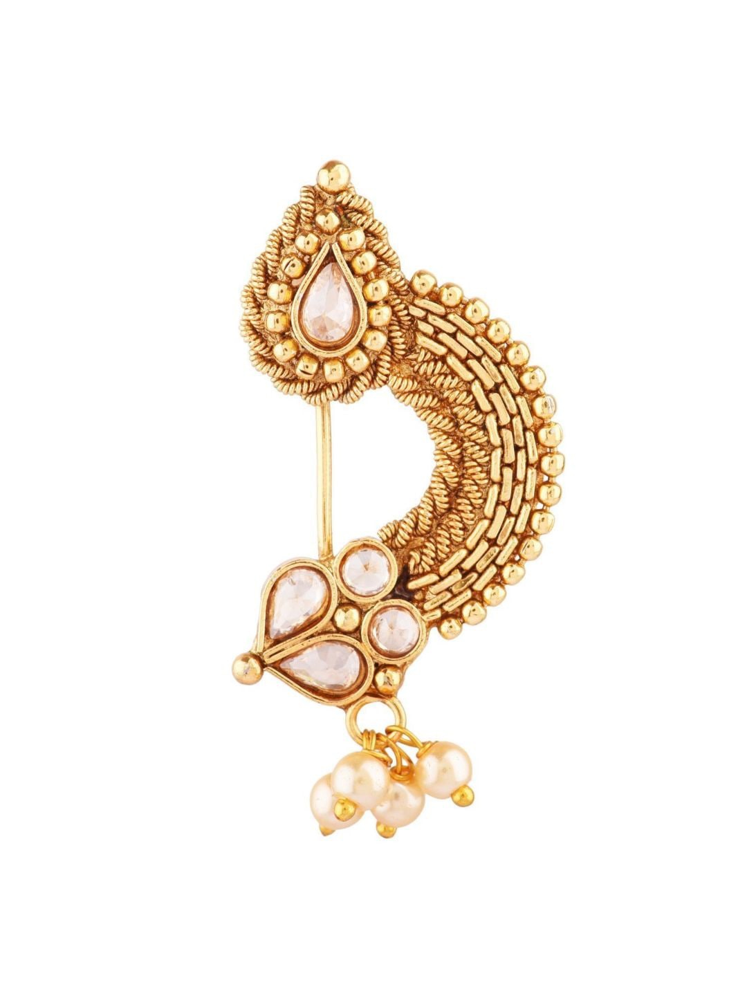 

Efulgenz Gold-Plated White Kundan-Studded Beaded Nose-Pin