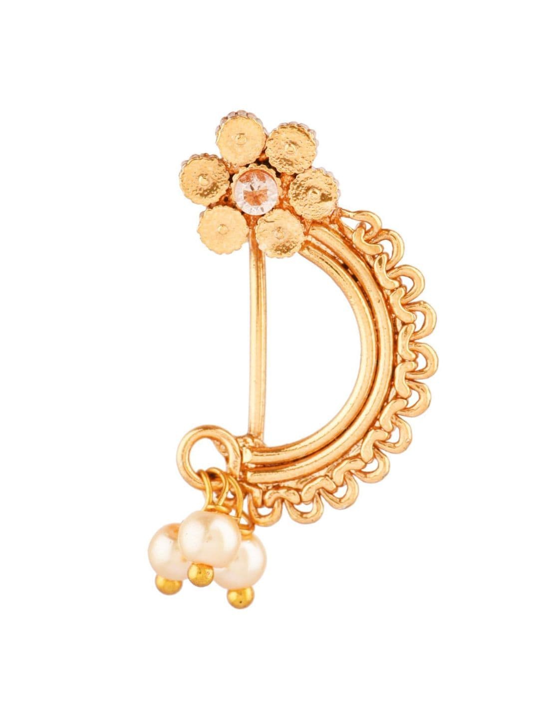 

Efulgenz Gold-Plated White Kundan-Studded Beaded Nose-Pin