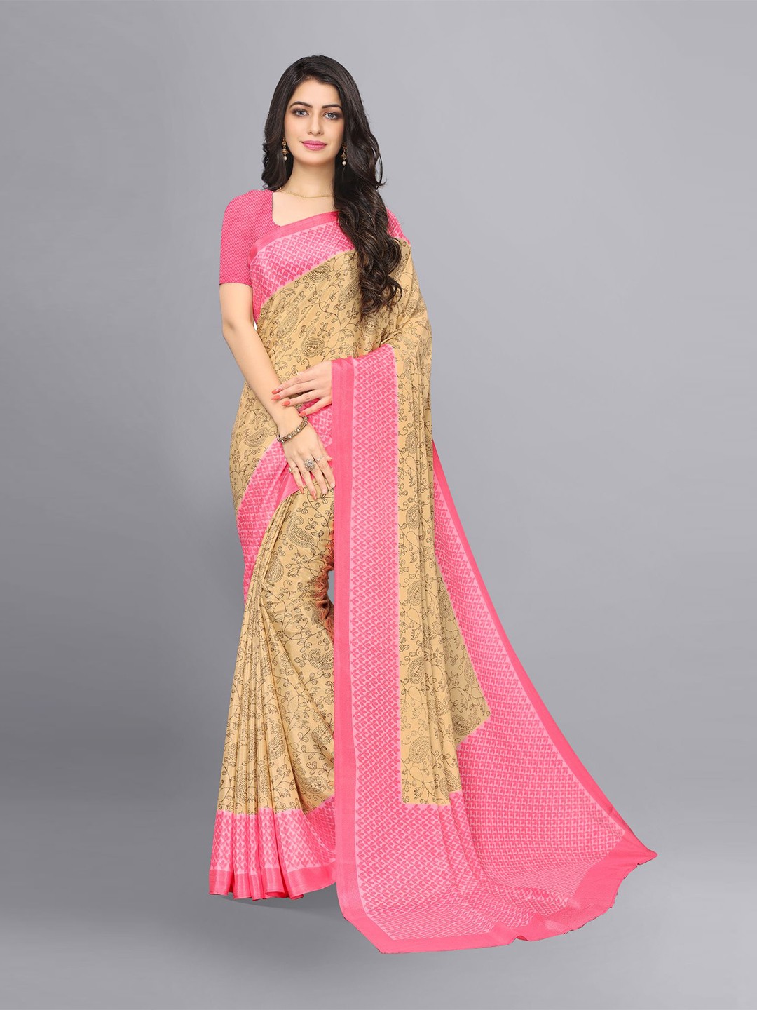 

VIMLA Beige & Pink Floral Art Silk Tussar Saree