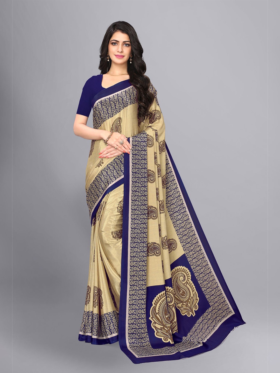 

VIMLA Navy Blue & Beige Paisley Art Silk Tussar Saree