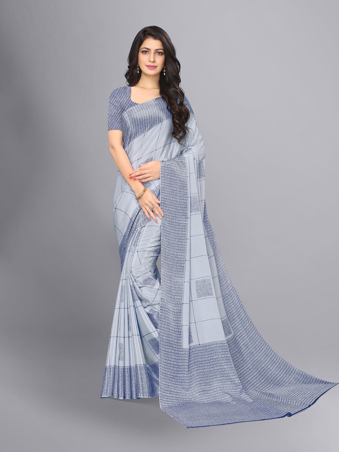 

VIMLA Grey & Black Checked Art Silk Tussar Saree