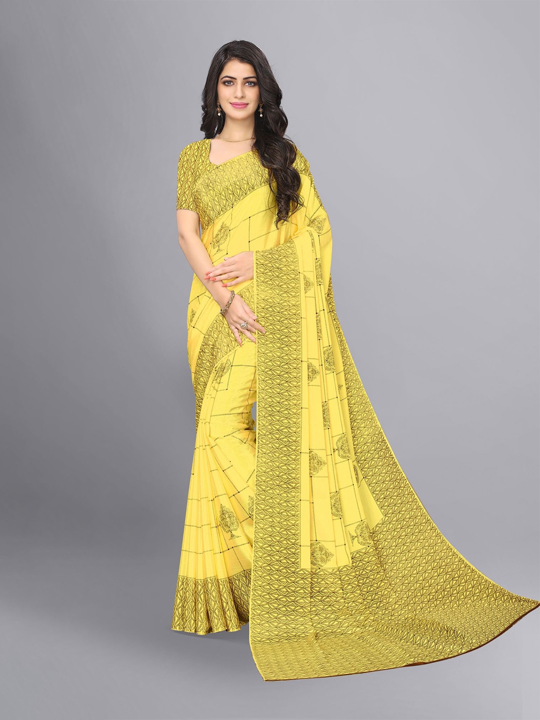 

VIMLA Yellow & Green Checked Art Silk Tussar Saree